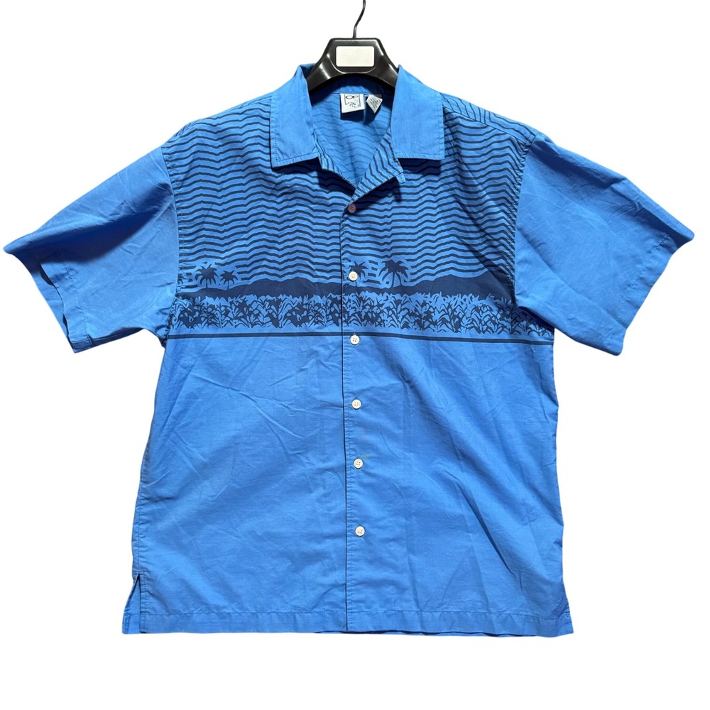 Vintage OP Ocean Pacific Men Medium Blue Palm Tree Hawaiian Shirt Hong Kong Made